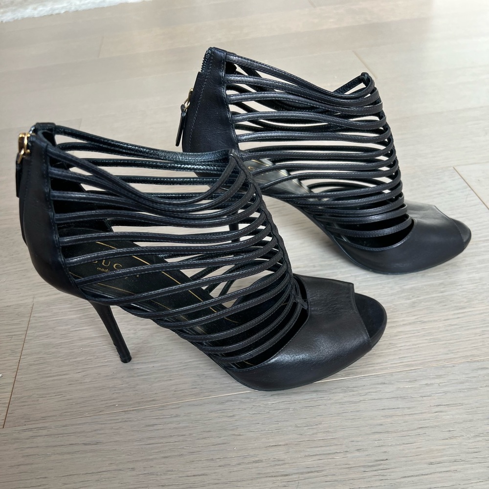 Gucci leather multi-strap bootie Sandal. Back zip. 4inch heel. Orig price $895.